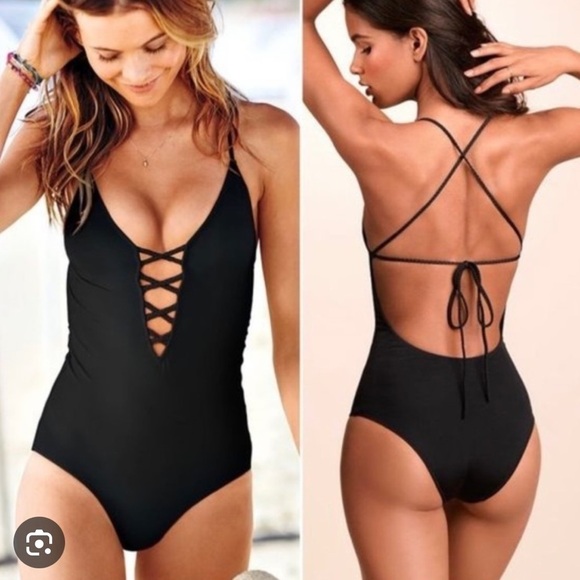 VICTORIA’S SECRETS 1 Piece Black Swimsuit with Braided Tie Back Straps in Black - Picture 1 of 9